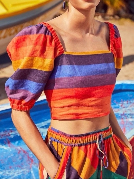 FARM Rio Tops - Farm Rio Rainbow Multicolor Striped Short Puff Sleeve Linen Crop Top Size Small